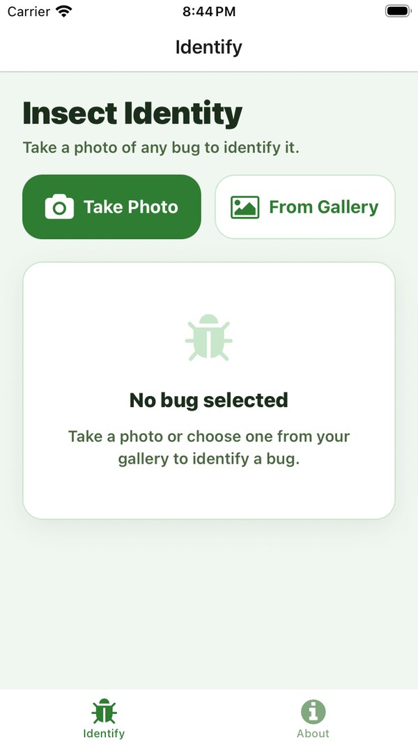 The Identify screen: Take Photo and From Gallery buttons above an empty state that says No bug selected
